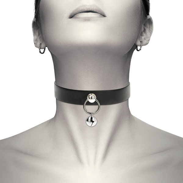 Halsband aus veganem Leder mit Ring der O Schwarz/Silber